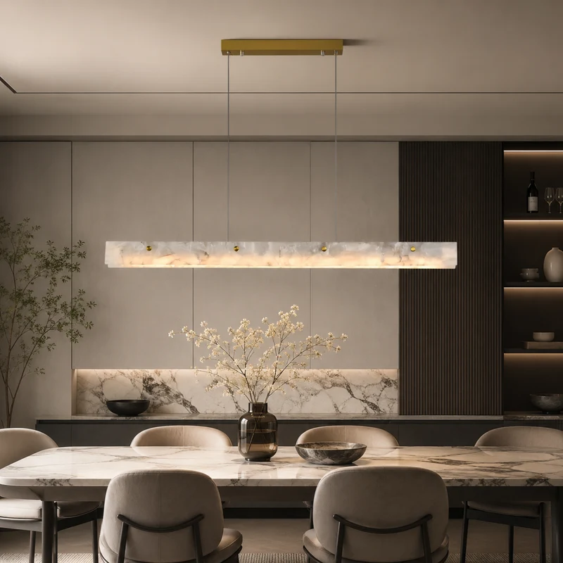 Lineaire Hanglamp Marmer Goudkleurig Design Eetkamerlamp Natuursteen LED Verlichting Keukeneiland Eettafel | Sansoti