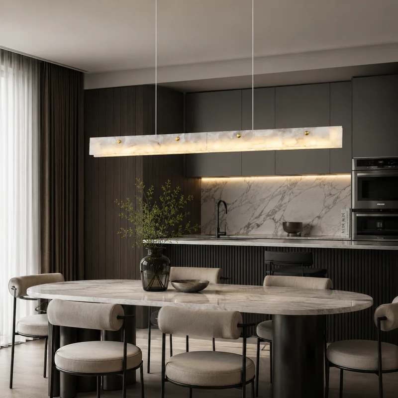 Lineaire Hanglamp Marmer Goudkleurig Design Eetkamerlamp Natuursteen LED Verlichting Keukeneiland Eettafel | Sansoti