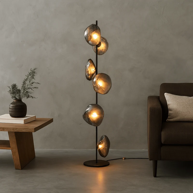 Sculptural vloerlamp met glazen kappen metalen frame moderne woonkamer slaapkamer sfeerverlichting design | Sansoti
