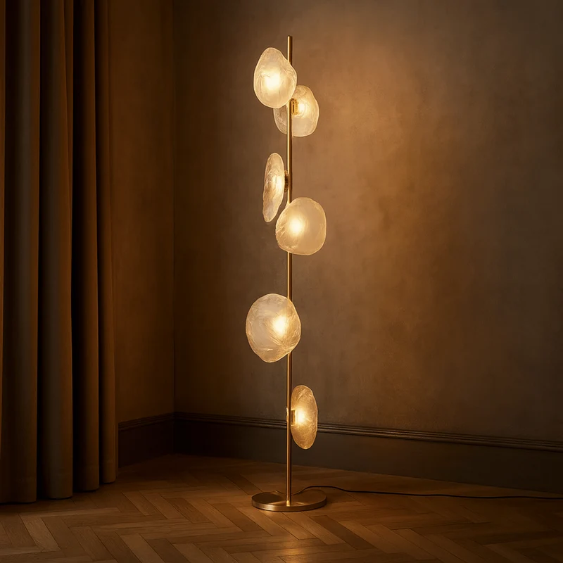 Sculptural vloerlamp met glazen kappen metalen frame moderne woonkamer slaapkamer sfeerverlichting design | Sansoti