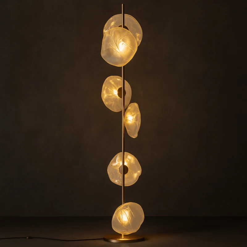 Sculptural vloerlamp met glazen kappen metalen frame moderne woonkamer slaapkamer sfeerverlichting design | Sansoti