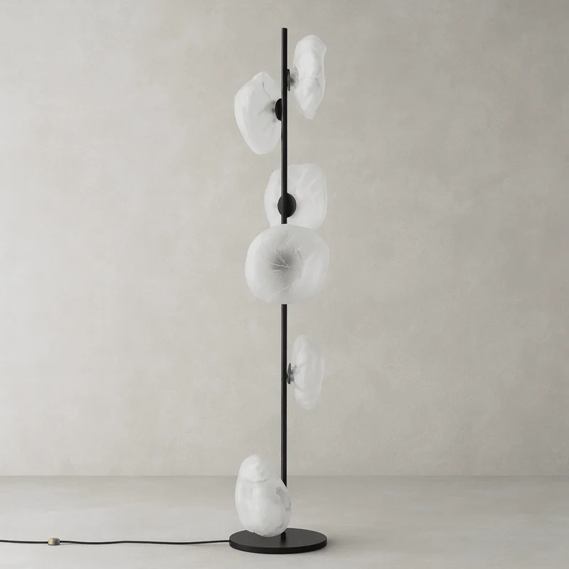 Sculptural vloerlamp met glazen kappen metalen frame moderne woonkamer slaapkamer sfeerverlichting design | Sansoti