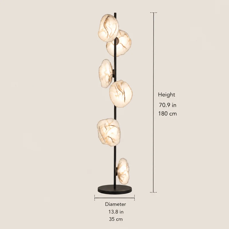 Sculptural vloerlamp met glazen kappen metalen frame moderne woonkamer slaapkamer sfeerverlichting design | Sansoti