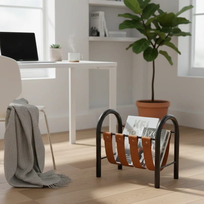 Tijdschriftenrek Leer & Metaal Opbergmand Design Interieur Woonkamer Decoratie Standaard Tijdschriften | Sansoti