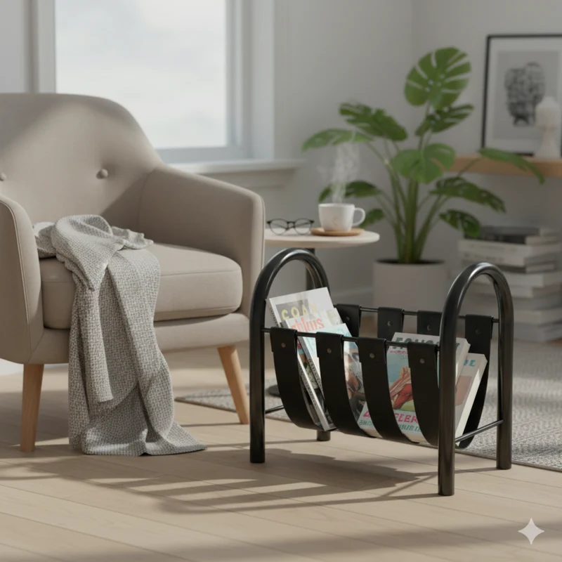 Tijdschriftenrek Leer & Metaal Opbergmand Design Interieur Woonkamer Decoratie Standaard Tijdschriften | Sansoti