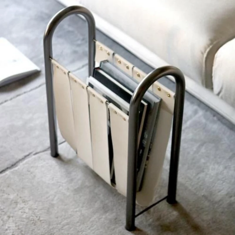 Tijdschriftenrek Leer & Metaal Opbergmand Design Interieur Woonkamer Decoratie Standaard Tijdschriften | Sansoti