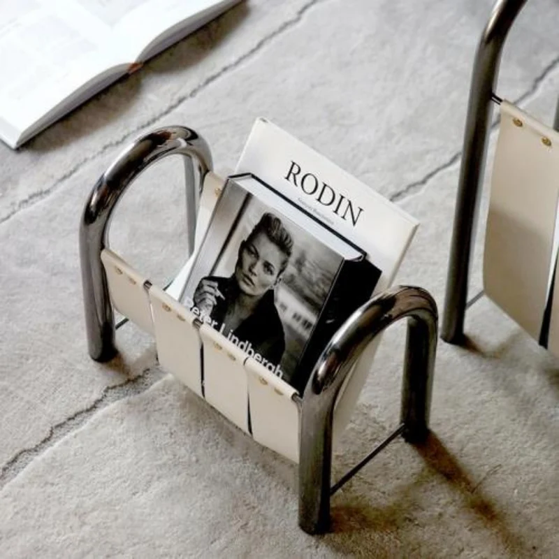 Tijdschriftenrek Leer & Metaal Opbergmand Design Interieur Woonkamer Decoratie Standaard Tijdschriften | Sansoti