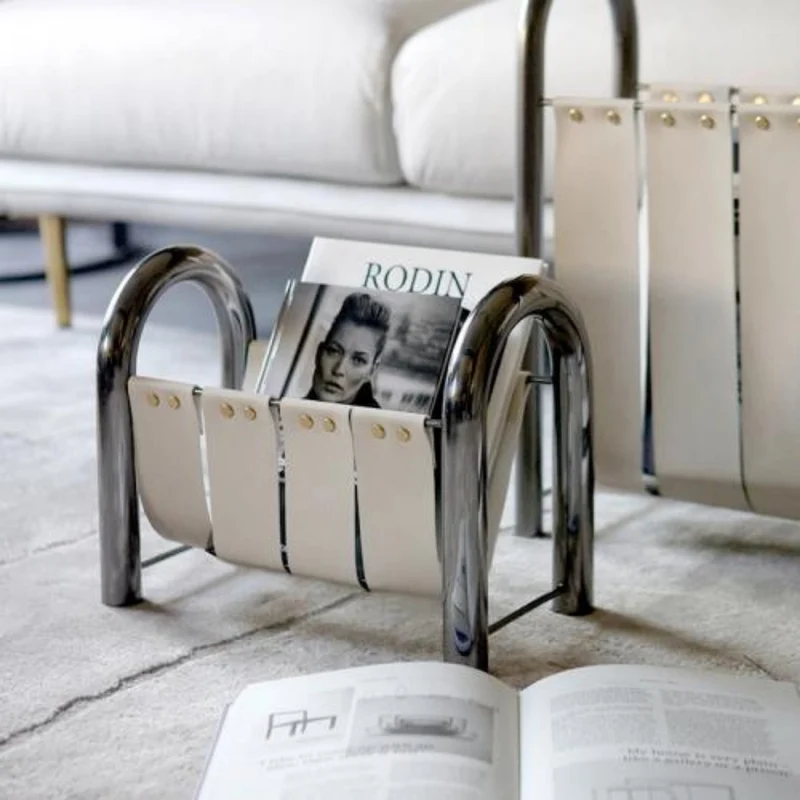 Tijdschriftenrek Leer & Metaal Opbergmand Design Interieur Woonkamer Decoratie Standaard Tijdschriften | Sansoti
