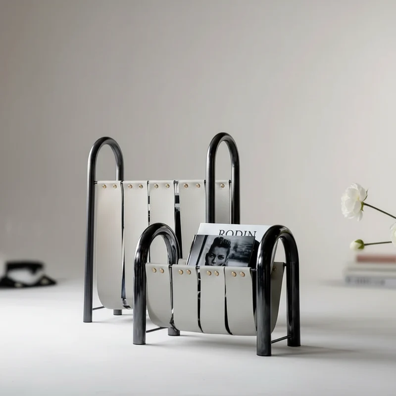 Tijdschriftenrek Leer & Metaal Opbergmand Design Interieur Woonkamer Decoratie Standaard Tijdschriften | Sansoti