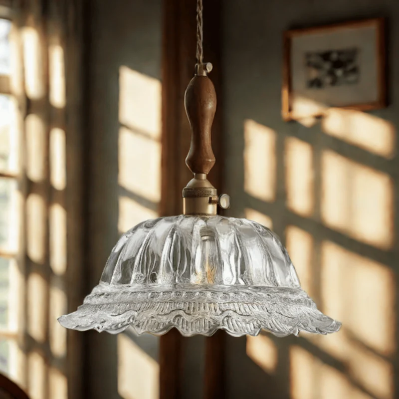 Hanglamp Notenhout met Glas en Messing Sfeerverlichting voor Eetkamer Keuken Woonkamer Vintage Retro Stijl | Sansoti
