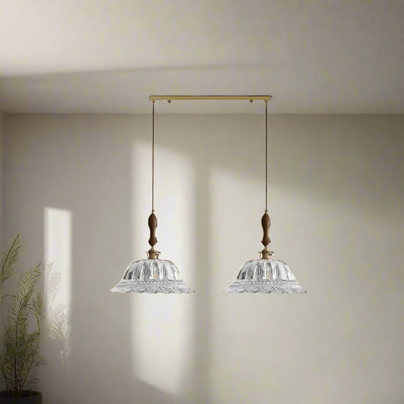 Hanglamp Notenhout met Glas en Messing Sfeerverlichting voor Eetkamer Keuken Woonkamer Vintage Retro Stijl | Sansoti