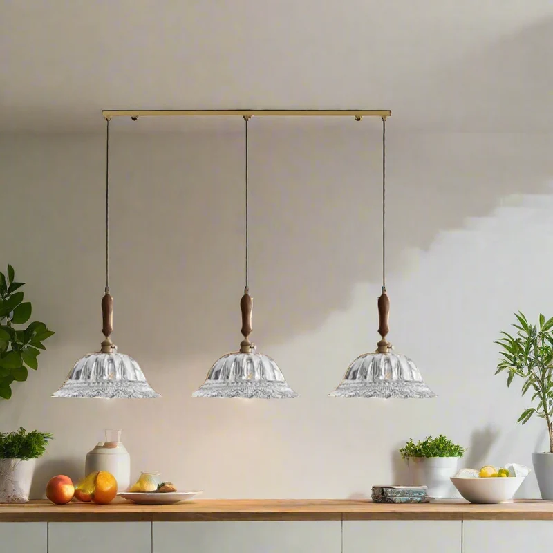 Hanglamp Notenhout met Glas en Messing Sfeerverlichting voor Eetkamer Keuken Woonkamer Vintage Retro Stijl | Sansoti