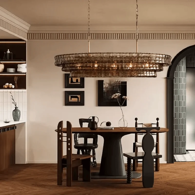 Franse Kroonluchter Rookglas Goud met Verstelbare Lichtmodi Langwerpig Elegant Design voor Eetkamer Woonkamer | Sansoti