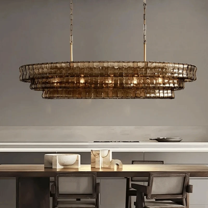 Franse Kroonluchter Rookglas Goud met Verstelbare Lichtmodi Langwerpig Elegant Design voor Eetkamer Woonkamer | Sansoti