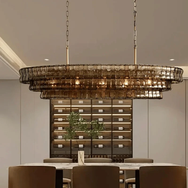Franse Kroonluchter Rookglas Goud met Verstelbare Lichtmodi Langwerpig Elegant Design voor Eetkamer Woonkamer | Sansoti