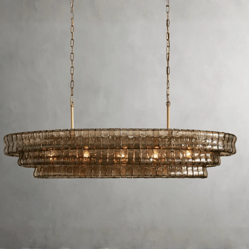 Franse Kroonluchter Rookglas Goud met Verstelbare Lichtmodi Langwerpig Elegant Design voor Eetkamer Woonkamer | Sansoti
