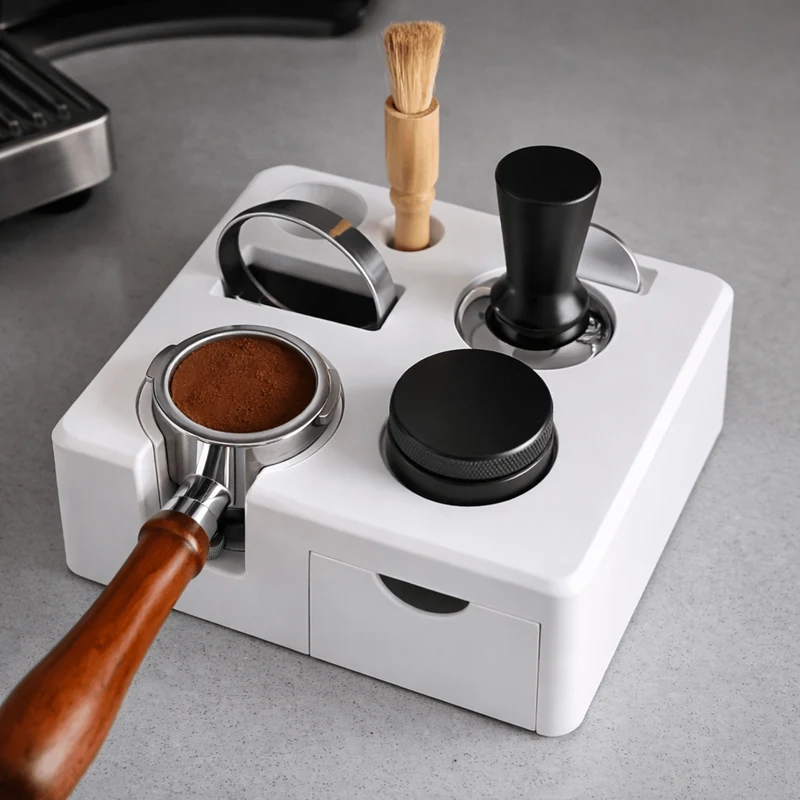 Espresso Tamping Station met Gereedschapshouder Zwart Wit Houtlook Organizer Koffie Barista Accessoires | Sansoti