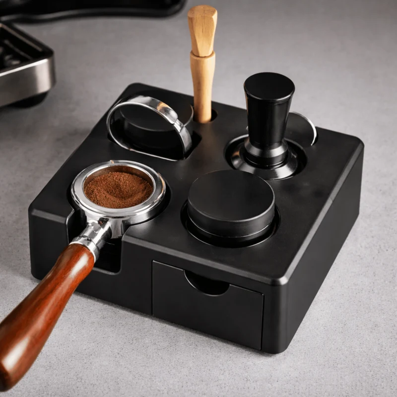 Espresso Tamping Station met Gereedschapshouder Zwart Wit Houtlook Organizer Koffie Barista Accessoires | Sansoti
