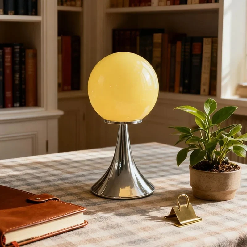 Tafellamp Glazen Bol met Metalen Voet Sfeerverlichting Nachtkastje Slaapkamer Wit Oranje Roze Crème Design | Sansoti