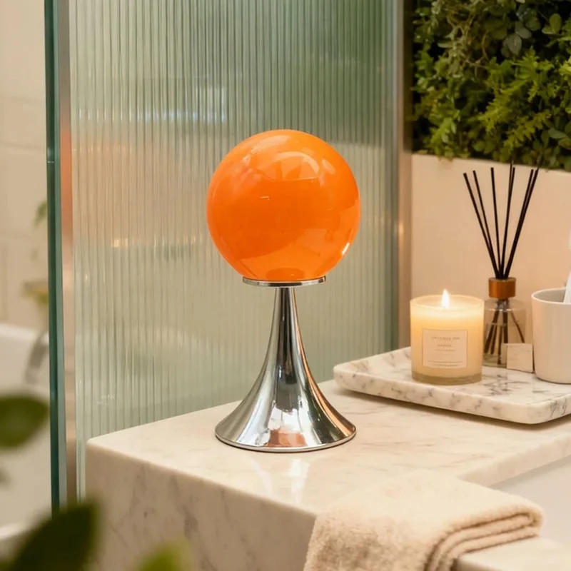 Tafellamp Glazen Bol met Metalen Voet Sfeerverlichting Nachtkastje Slaapkamer Wit Oranje Roze Crème Design | Sansoti
