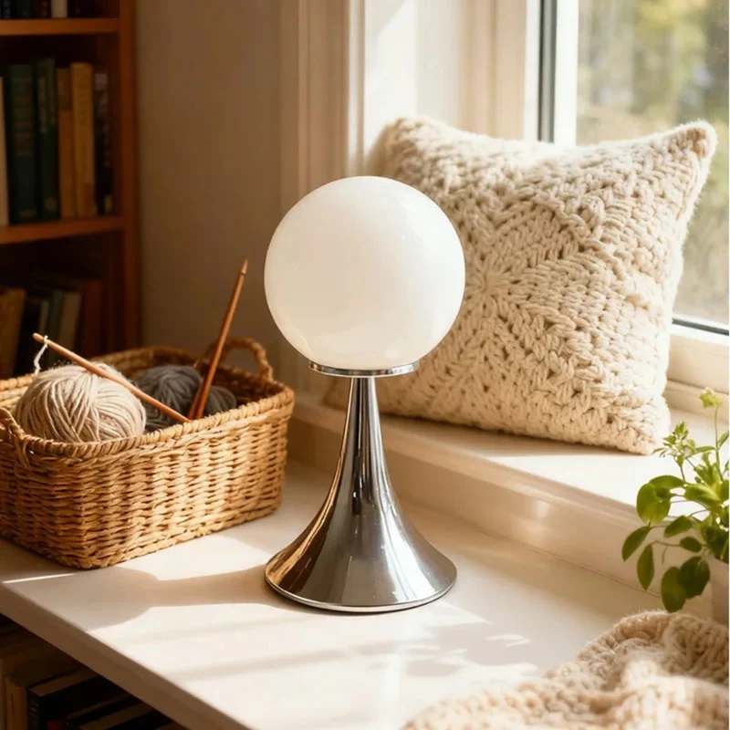 Tafellamp Glazen Bol met Metalen Voet Sfeerverlichting Nachtkastje Slaapkamer Wit Oranje Roze Crème Design | Sansoti