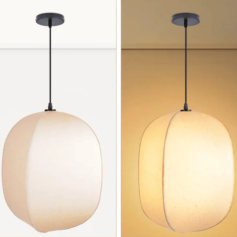Linnen Hanglamp Lantaarnvorm E27 Naturel Textiel Pendelverlichting voor Eetkamer Hal Woonkamer Sfeervolle Verlichting | Sansoti