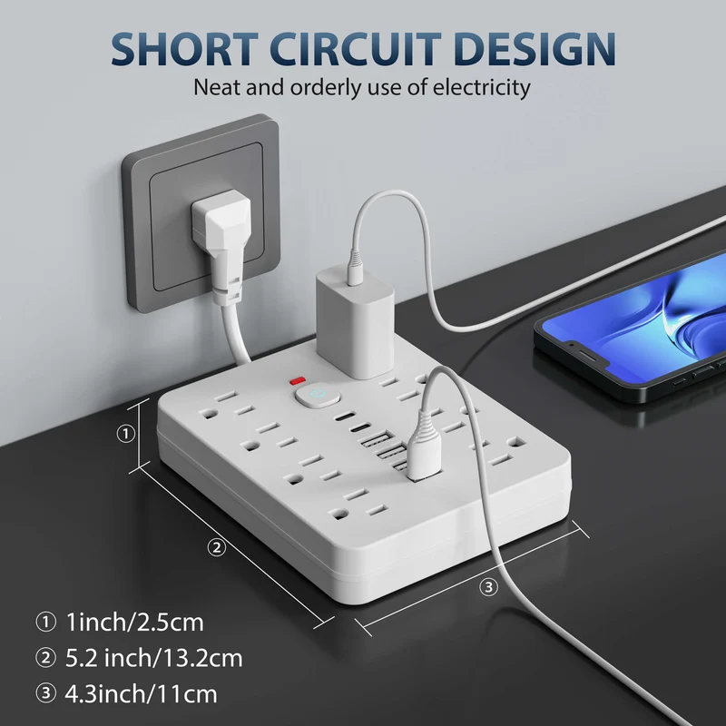 Stekkerdoos 14 Aansluitingen Overspanningsbeveiliging USB Type-C Compacte Verdeler voor Huishouden Kantoor | Sansoti