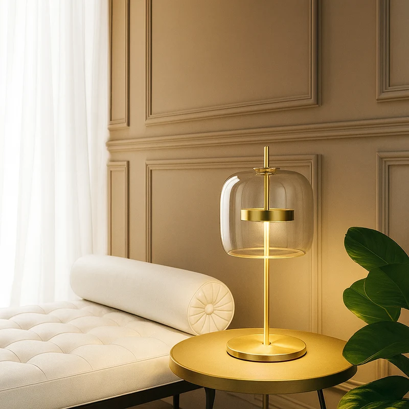 Glas-in-lood Tafellamp met Gouden Voet – Vintage LED Sfeerlamp voor Slaapkamer Nachtkastje Retro Design | Sansoti