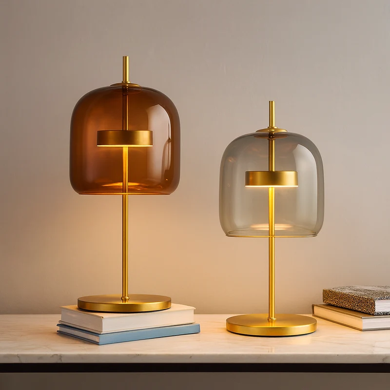 Glas-in-lood Tafellamp met Gouden Voet – Vintage LED Sfeerlamp voor Slaapkamer Nachtkastje Retro Design | Sansoti