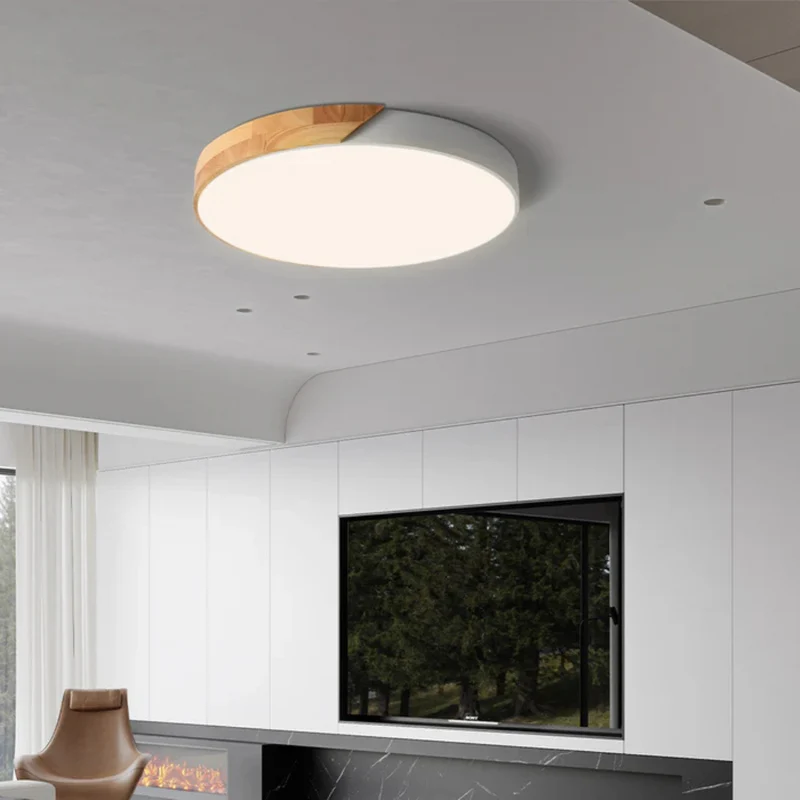 Scandinavische houten LED plafondlamp rond mat met acrylscherm voor woonkamer slaapkamer hal stijlvol | Sansoti