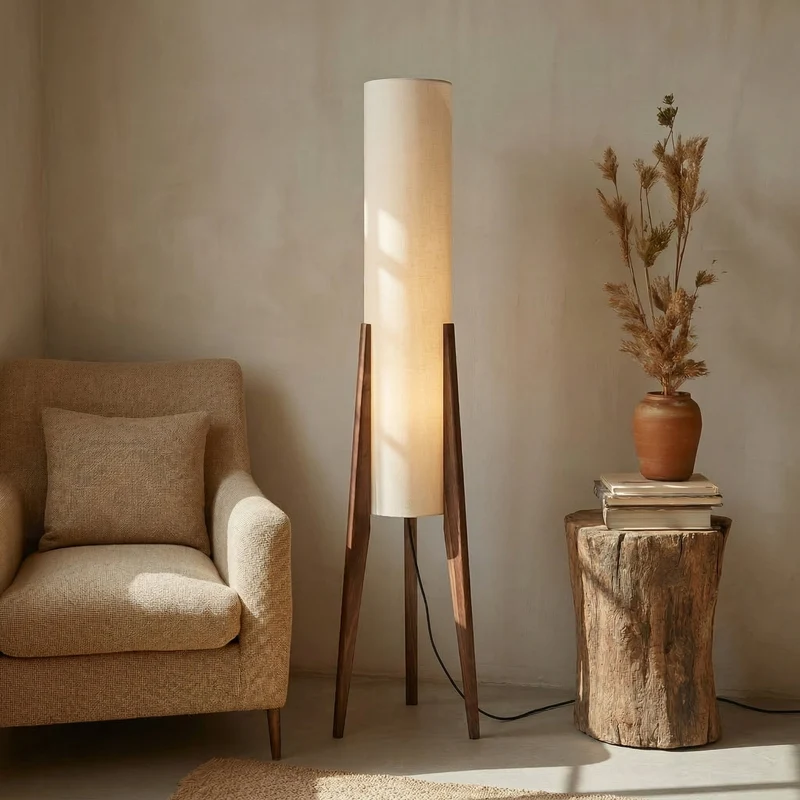 Staande Vloerlamp Notenhout met Linnen Kap en LED-Verlichting voor Sfeervolle Woonkamer en Slaapkamer | Sansoti