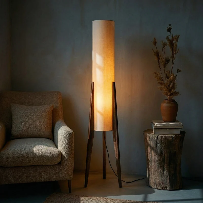 Staande Vloerlamp Notenhout met Linnen Kap en LED-Verlichting voor Sfeervolle Woonkamer en Slaapkamer | Sansoti