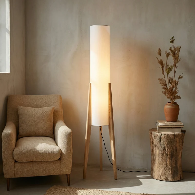 Staande Vloerlamp Notenhout met Linnen Kap en LED-Verlichting voor Sfeervolle Woonkamer en Slaapkamer | Sansoti
