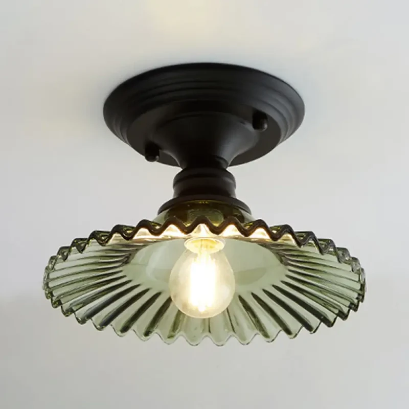 Industriële Plafondarmatuur met Geribbeld Glas – Groen/Helder Retro Fitting E26/E27 | Sansoti