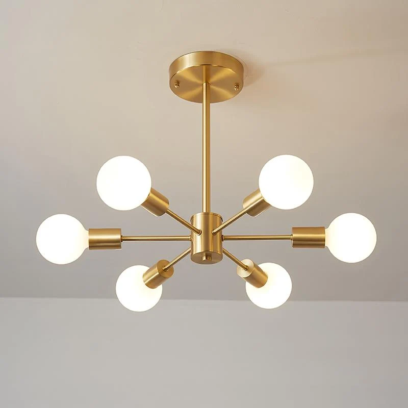 Moderne sputnik kroonluchter met 6 armen in messing – minimalistische design hanglamp zonder glazen kap | Sansoti