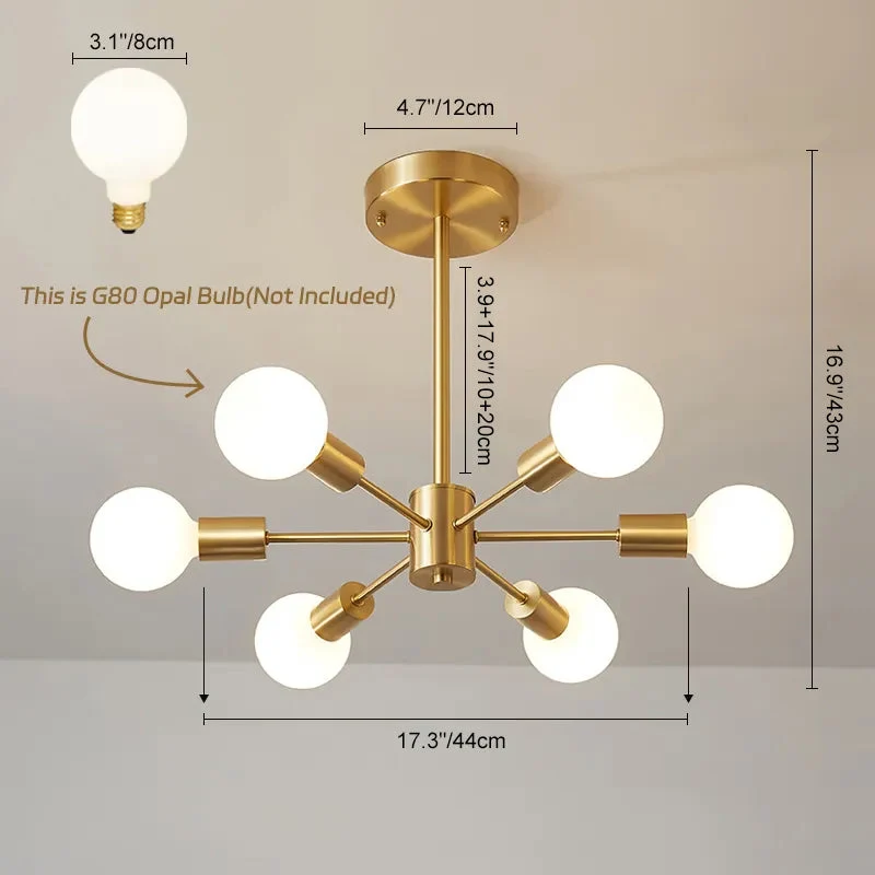 Moderne sputnik kroonluchter met 6 armen in messing – minimalistische design hanglamp zonder glazen kap | Sansoti