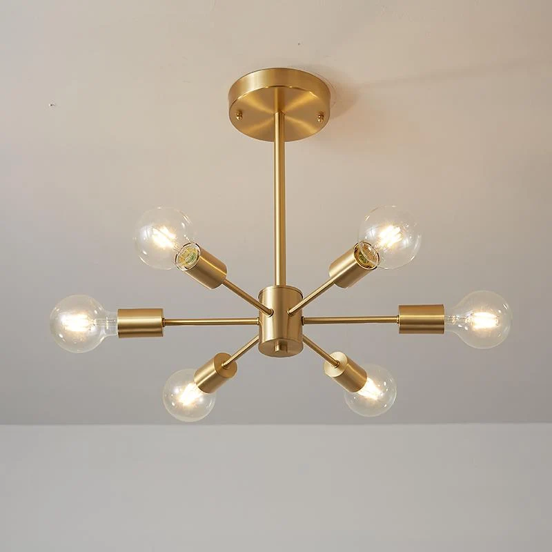 Moderne sputnik kroonluchter met 6 armen in messing – minimalistische design hanglamp zonder glazen kap | Sansoti