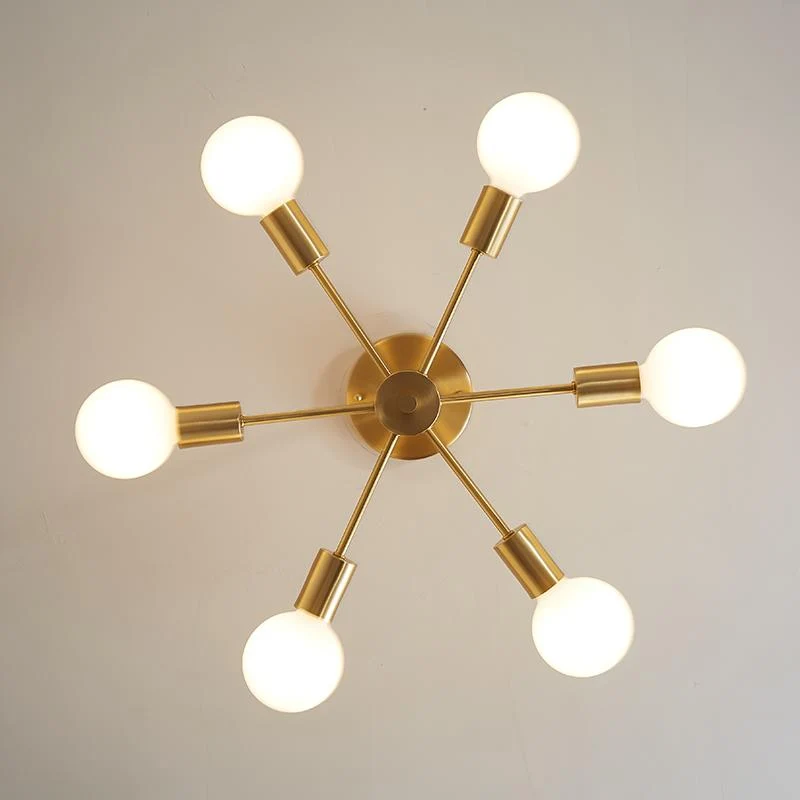 Moderne sputnik kroonluchter met 6 armen in messing – minimalistische design hanglamp zonder glazen kap | Sansoti