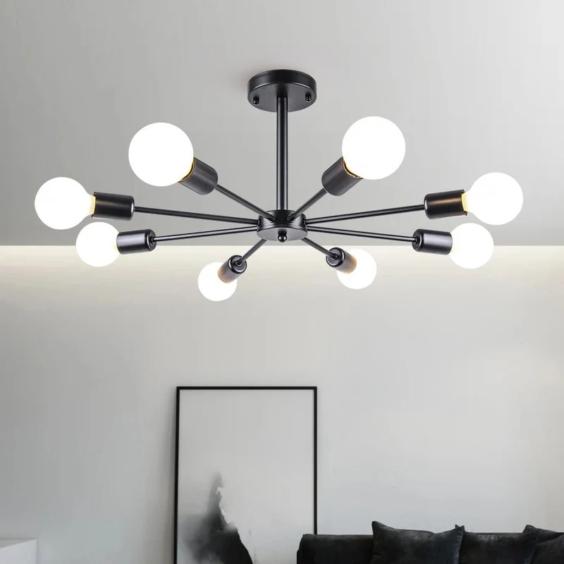 Moderne sputnik plafondlamp met 8 armen in zwart messing chroom of nikkel – semi flush design 60 cm | Sansoti