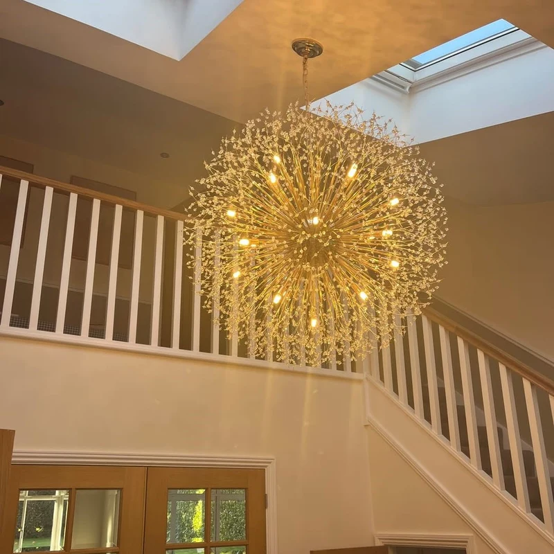 Grote sputnik kroonluchter met vuurwerk design en kristal effect in messing of chroom – luxe hanglamp 100 cm | Sansoti