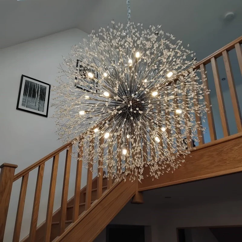 Grote sputnik kroonluchter met vuurwerk design en kristal effect in messing of chroom – luxe hanglamp 100 cm | Sansoti