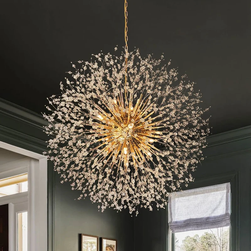 Grote sputnik kroonluchter met vuurwerk design en kristal effect in messing of chroom – luxe hanglamp 100 cm | Sansoti