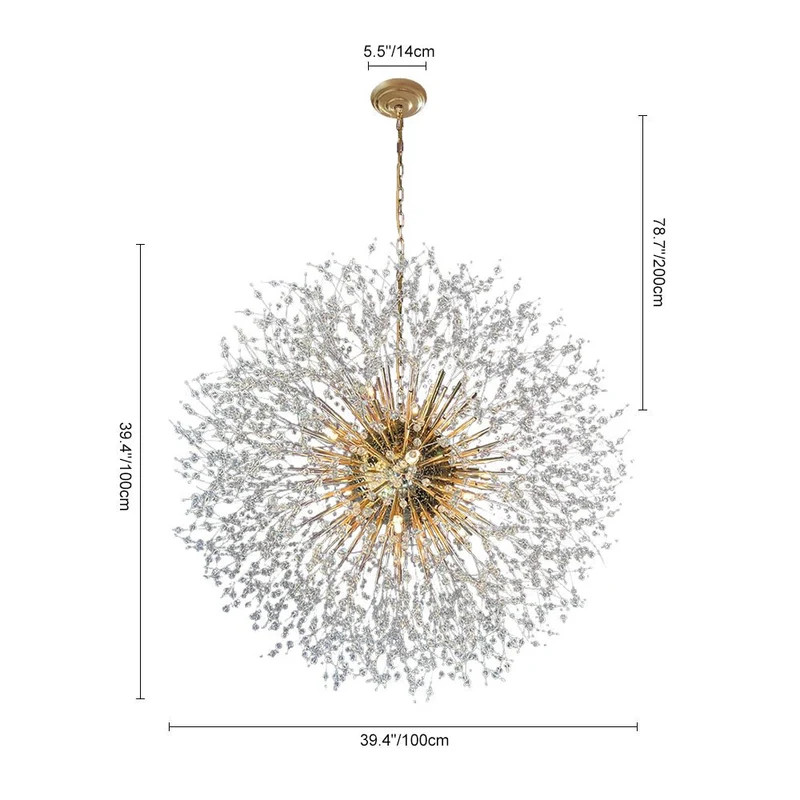 Grote sputnik kroonluchter met vuurwerk design en kristal effect in messing of chroom – luxe hanglamp 100 cm | Sansoti