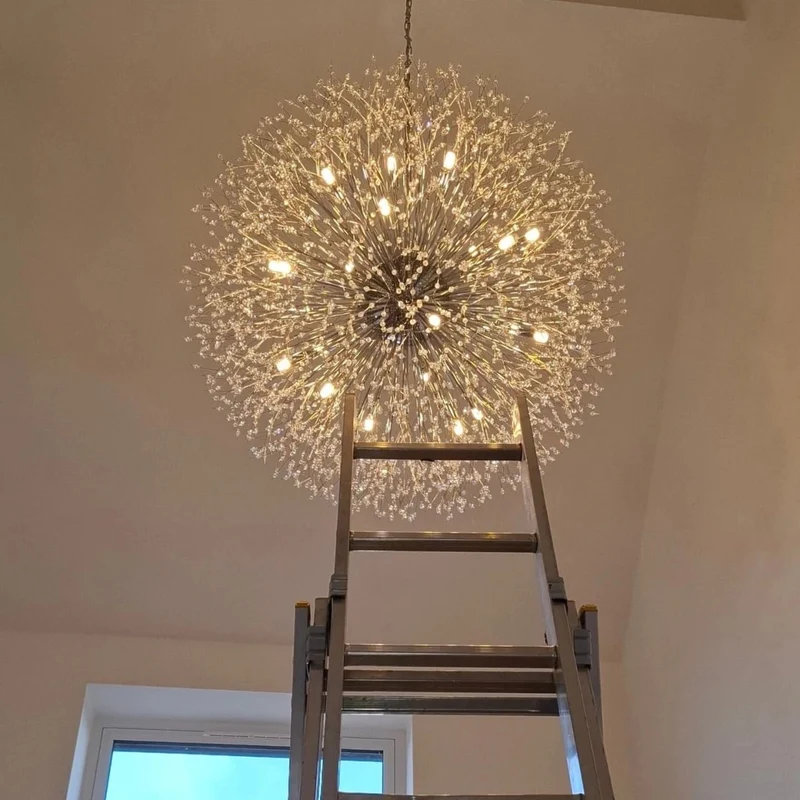 Grote sputnik kroonluchter met vuurwerk design en kristal effect in messing of chroom – luxe hanglamp 100 cm | Sansoti