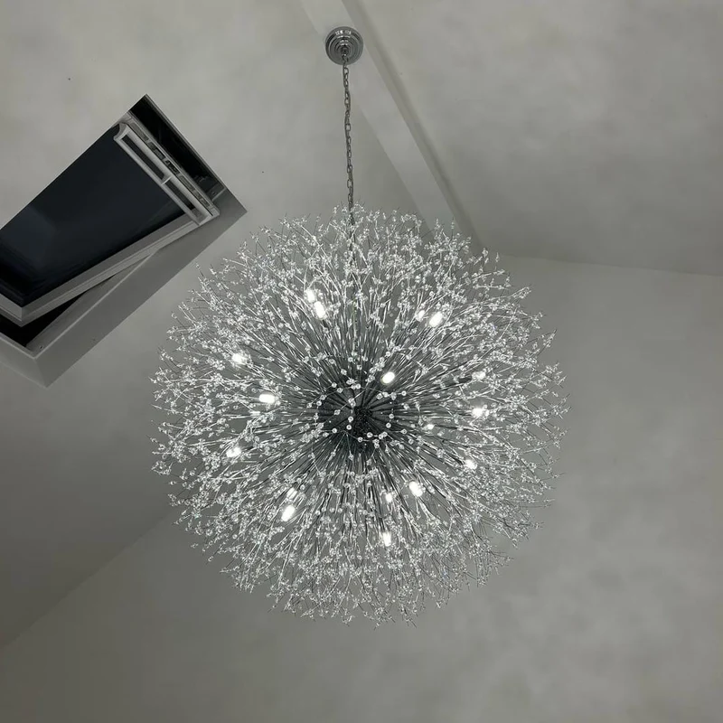 Grote sputnik kroonluchter met vuurwerk design en kristal effect in messing of chroom – luxe hanglamp 100 cm | Sansoti