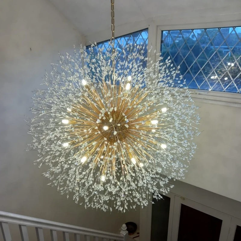 Grote sputnik kroonluchter met vuurwerk design en kristal effect in messing of chroom – luxe hanglamp 100 cm | Sansoti