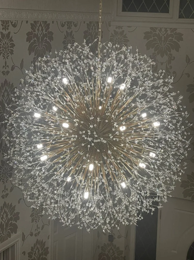 Grote sputnik kroonluchter met vuurwerk design en kristal effect in messing of chroom – luxe hanglamp 100 cm | Sansoti