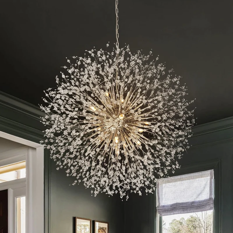 Grote sputnik kroonluchter met vuurwerk design en kristal effect in messing of chroom – luxe hanglamp 100 cm | Sansoti