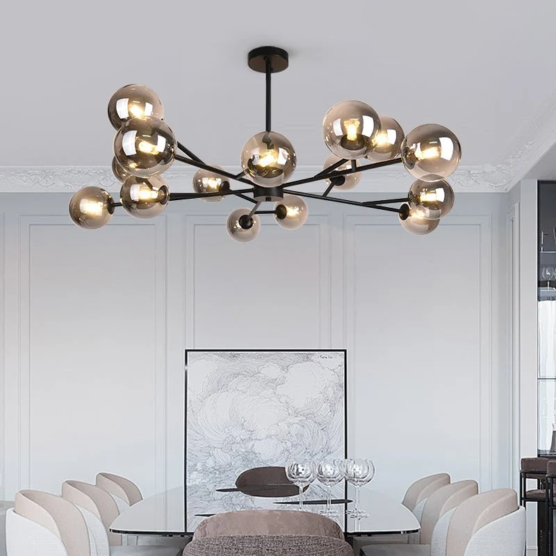 Moderne lineaire sputnik kroonluchter met 15 glazen bollen in zwart of messing – design hanglamp 112 cm | Sansoti