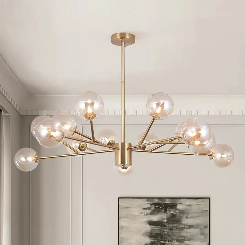 Moderne lineaire sputnik kroonluchter met 15 glazen bollen in zwart of messing – design hanglamp 112 cm | Sansoti